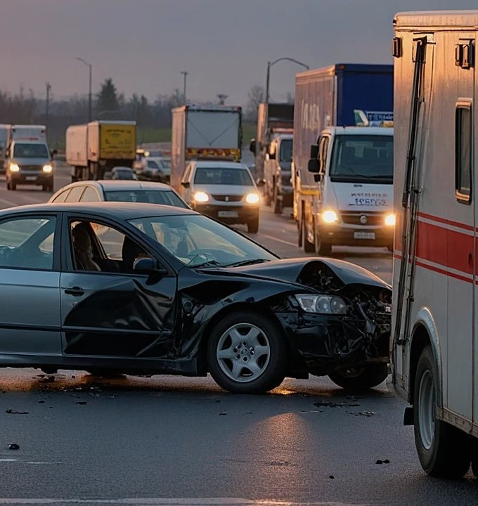 Car wreck on a highway with emergency vehicles at the scene.